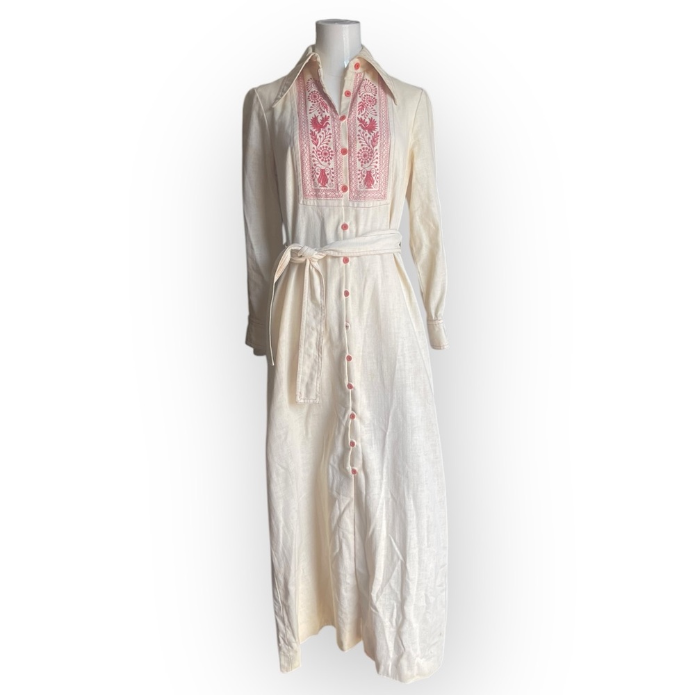 VTG Embroidered Linen Maxi Dress 70s XS/S